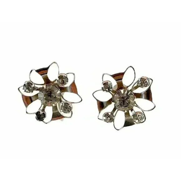VTG Bugbee and Niles Silver Tone Screw Back Earrings Clear Rhinestones Unique - Picture 1 of 9